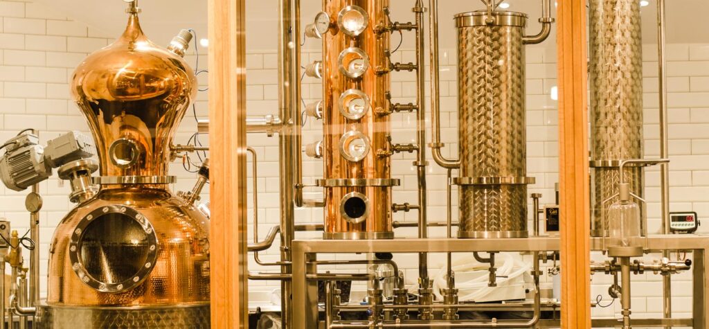 Copper distillation stills and equipment inside Boatyard Distillery in Enniskillen