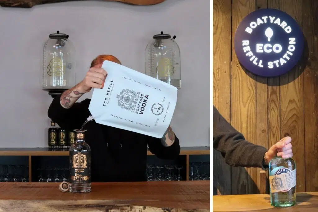 Staff member refilling spirits at Boatyard Distillery eco refill station in Enniskillen