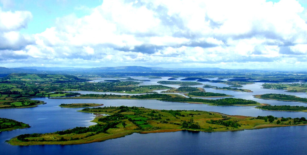 Aerial view of Lough Erne with islands and waterways near Enniskillen in County Fermanagh