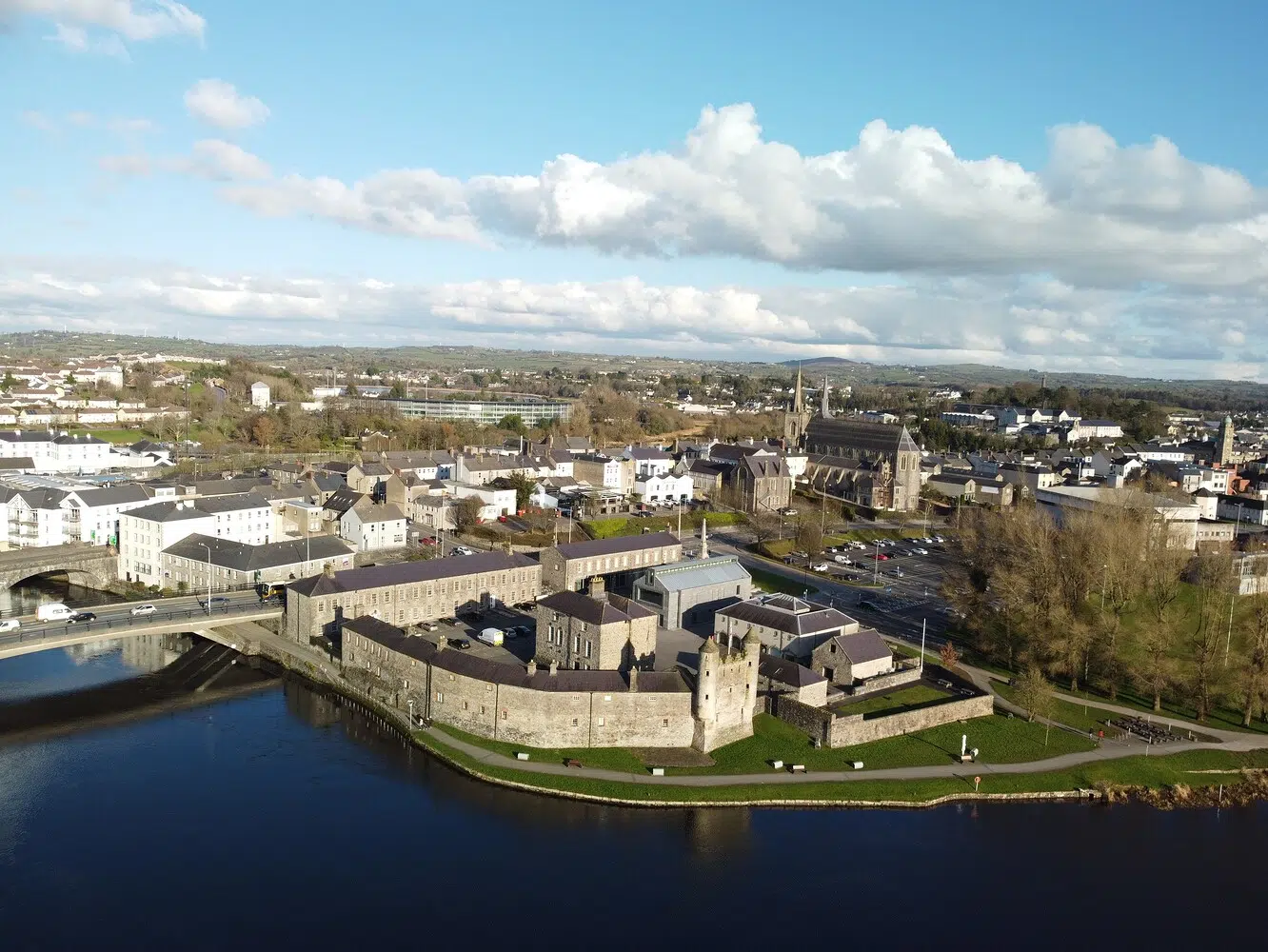 Stunning aerial view of Enniskillen town featuring the castle and Lough Erne