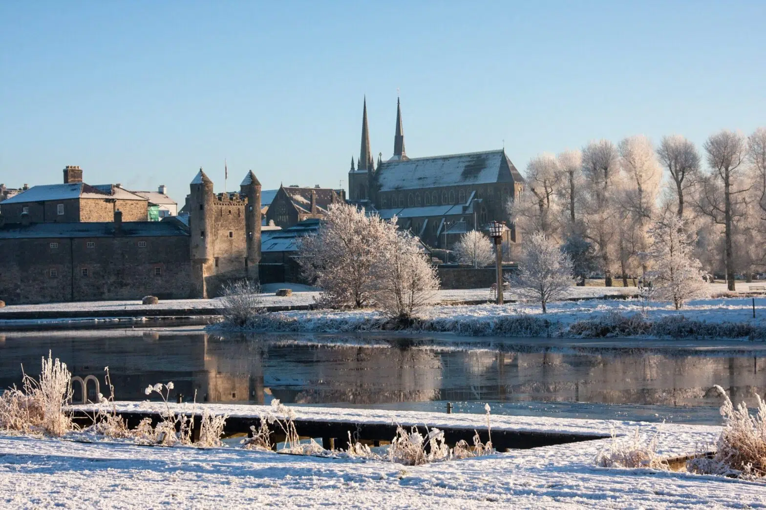 Enniskillen Castle beside the River Erne covered in frost during a winter morning in County Fermanagh Christmas in Enniskillen