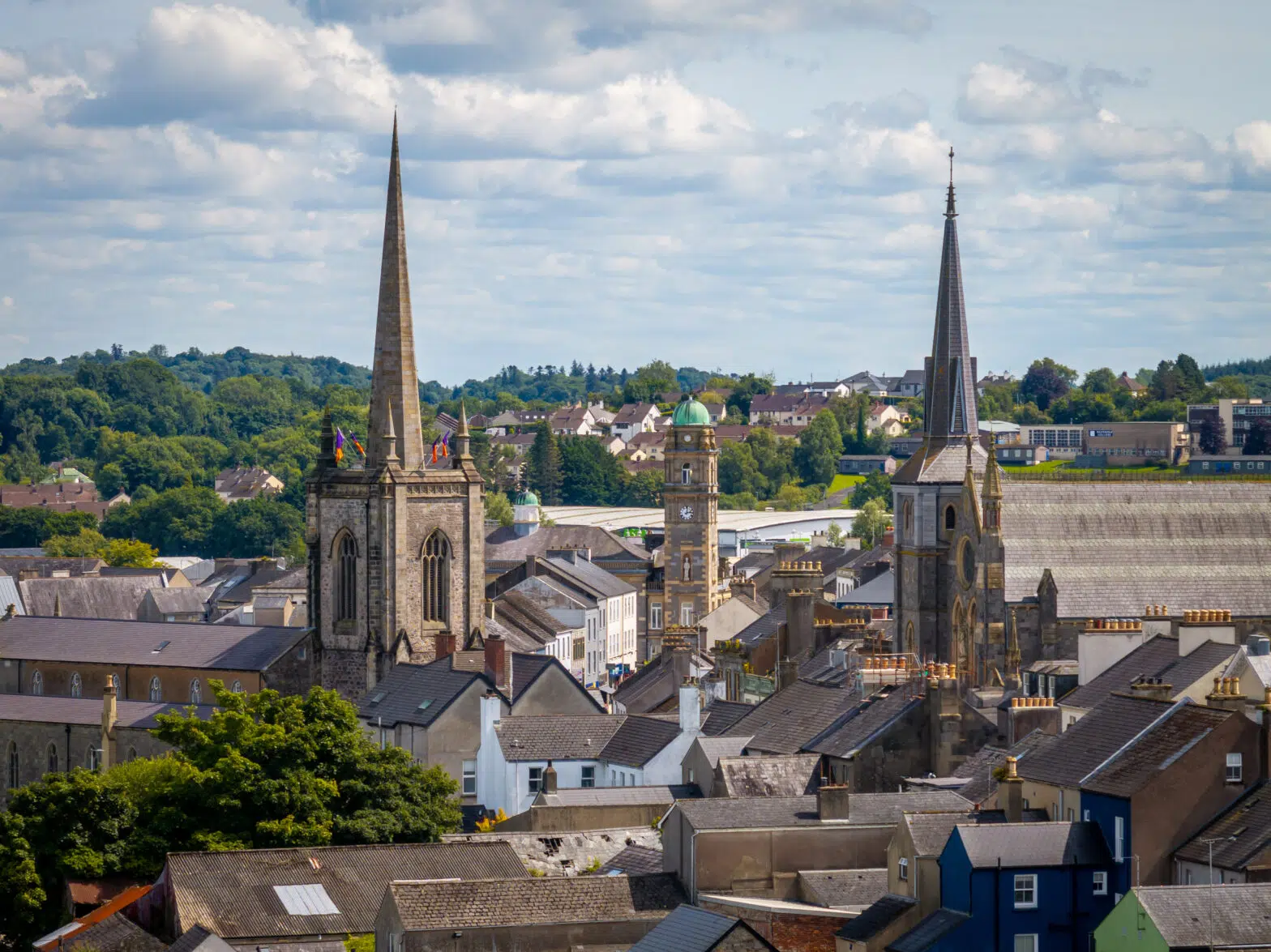 Church spires and rooftops overlooking Enniskillen town centre in County Fermanagh