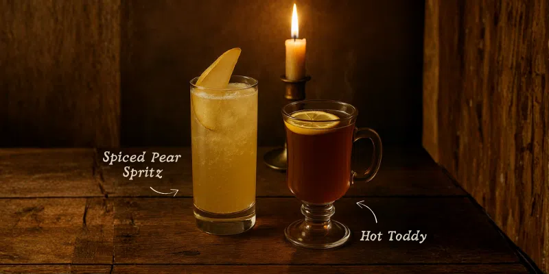 Spiced Pear Spritz cocktail and Hot Toddy served by candlelight at Samhain Dinner event in Westville Hotel