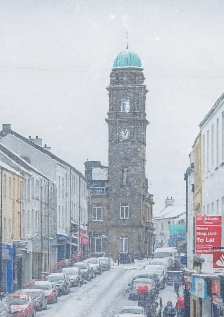 Enniskillen clock tower covered in snowfall during winter in the town centre