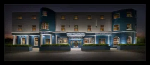 Westville Hotel Enniskillen exterior at night with illuminated entrance. Westville Hotel, Enniskillen, County Fermanagh