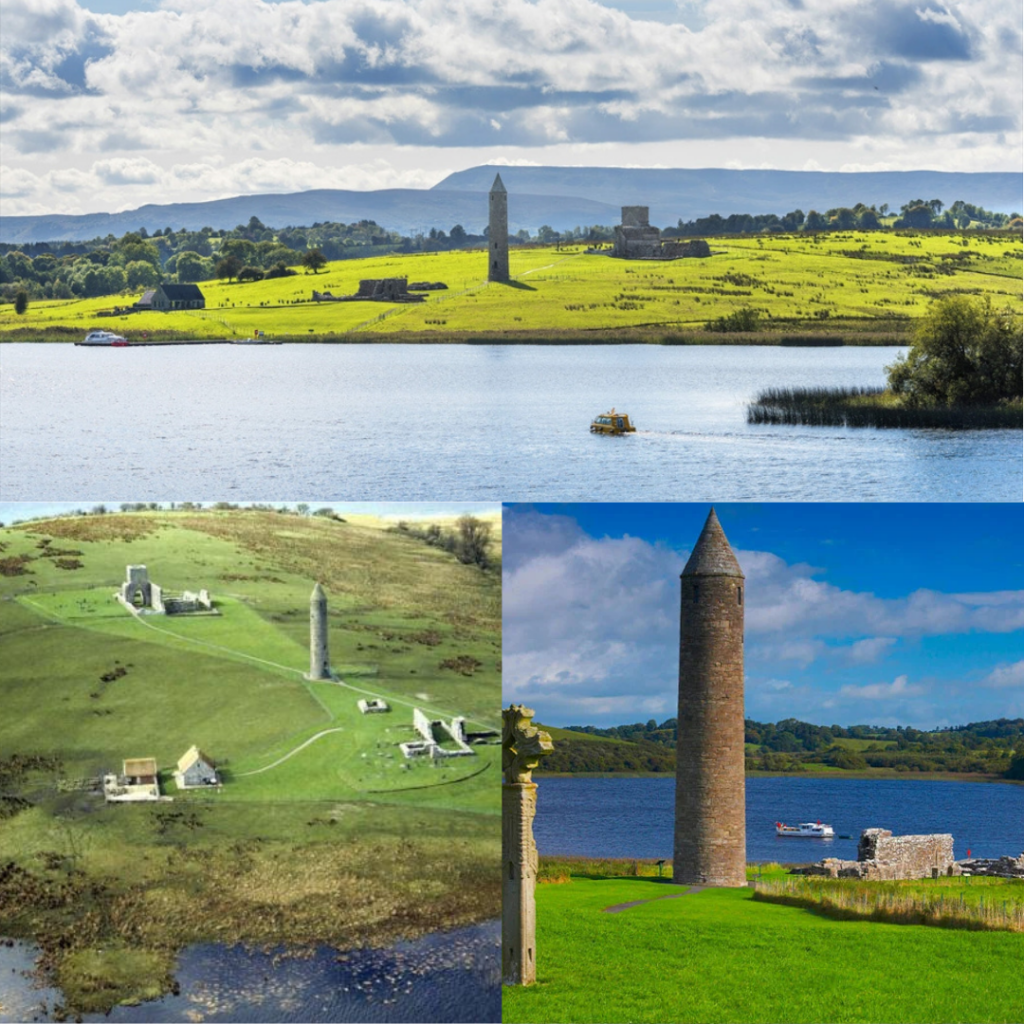 Devenish Island monastic site on Lough Erne near Enniskillen with round tower and historic ruins