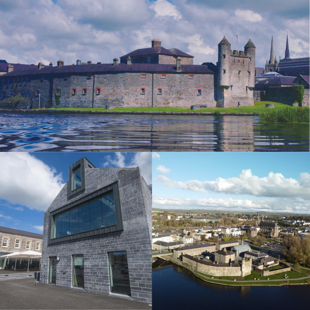 Enniskillen Castle overlooking the River Erne with historic stone towers and surrounding town views in County Fermanagh.