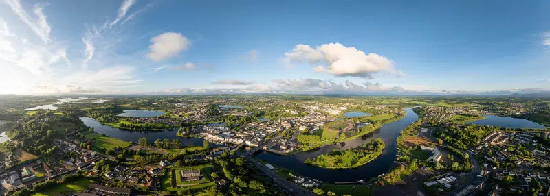 Panoramic view of Enniskillen Town between Upper and Lower Lough Erne, County Fermanagh.