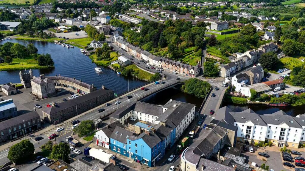 Aerial view of Enniskillen town showing bridges, waterways and colourful buildings along the River Erne in County Fermanagh shops in Enniskillen
