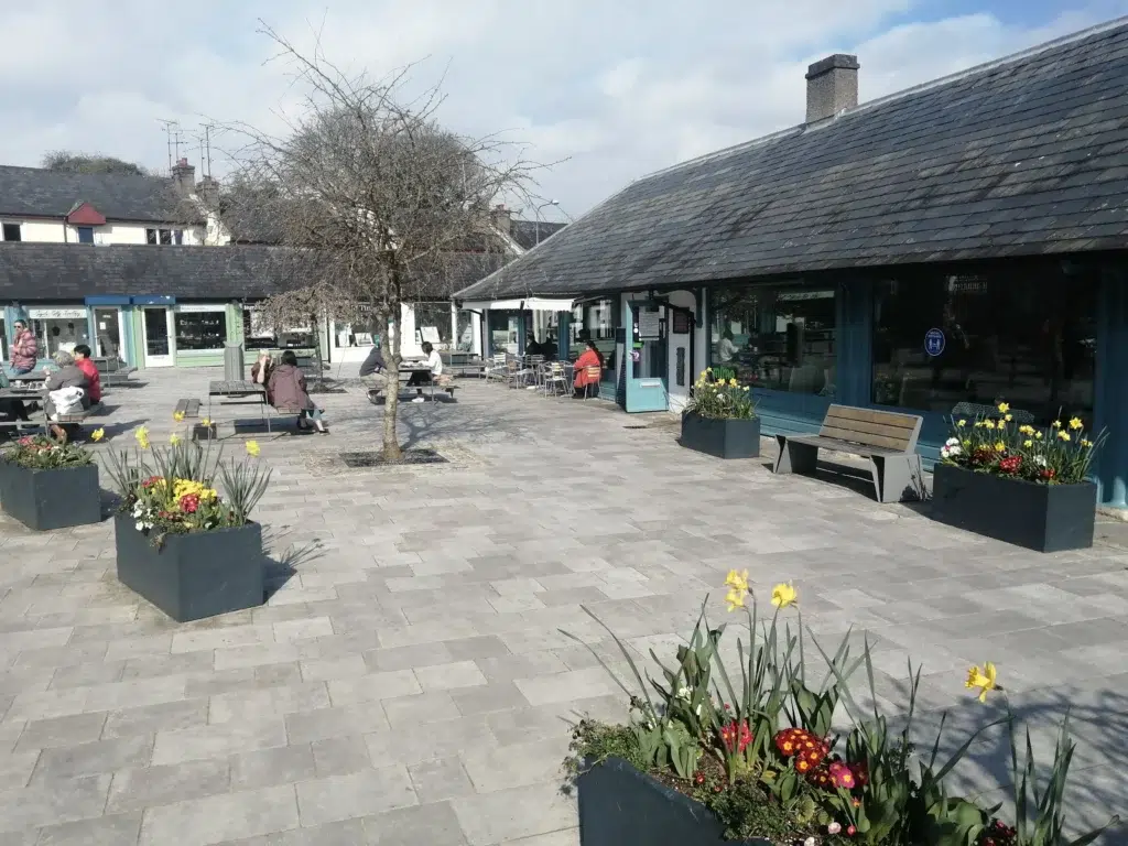 The Buttermarket courtyard with artisan shops and seating area in Enniskillen town centre, County Fermanagh.