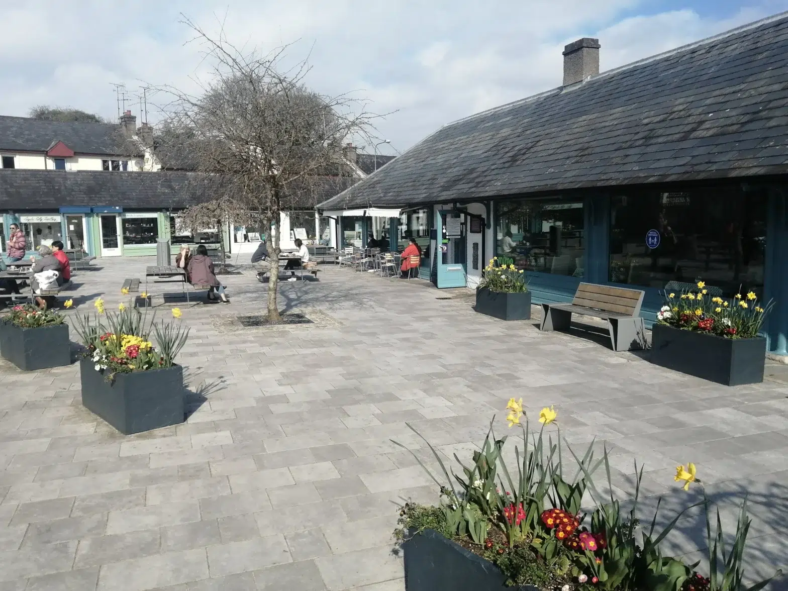 The Buttermarket courtyard with artisan shops and seating area in Enniskillen town centre, County Fermanagh.