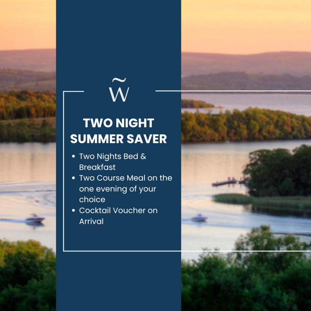 Experience a Fermanagh summer getaway with stunning lake views at sunset, boats on the water, and a two-night summer saver package including bed & breakfast, a two-course meal, and a cocktail voucher.