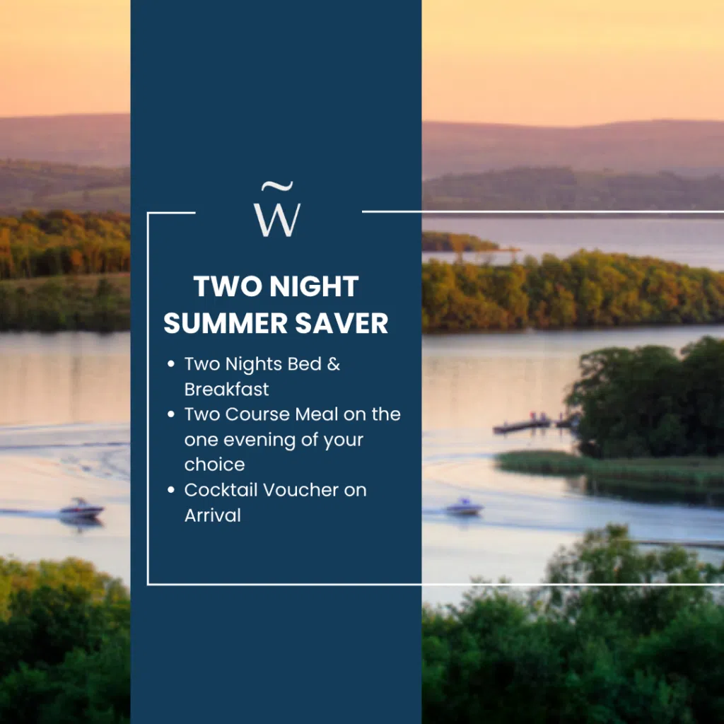 Experience a Fermanagh summer getaway with stunning lake views at sunset, boats on the water, and a two-night summer saver package including bed & breakfast, a two-course meal, and a cocktail voucher.