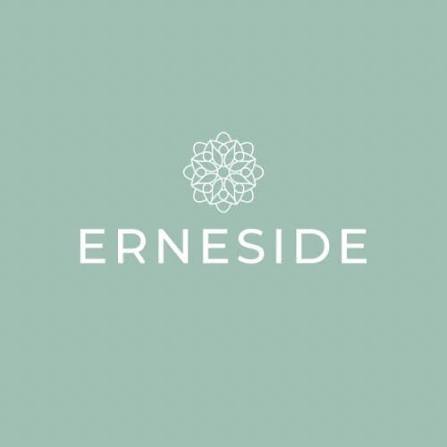 Minimalist logo on a light green background with a geometric floral design above the word "ERNESIDE" in white capital letters.