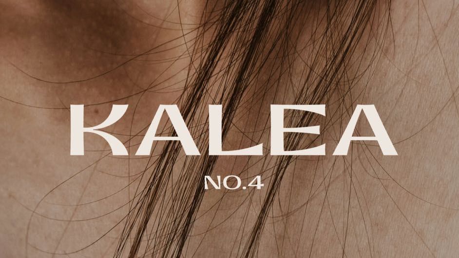 Close-up of skin and brown hair strands with the text "KALEA NO.4" in large, serif font overlaid on the image.