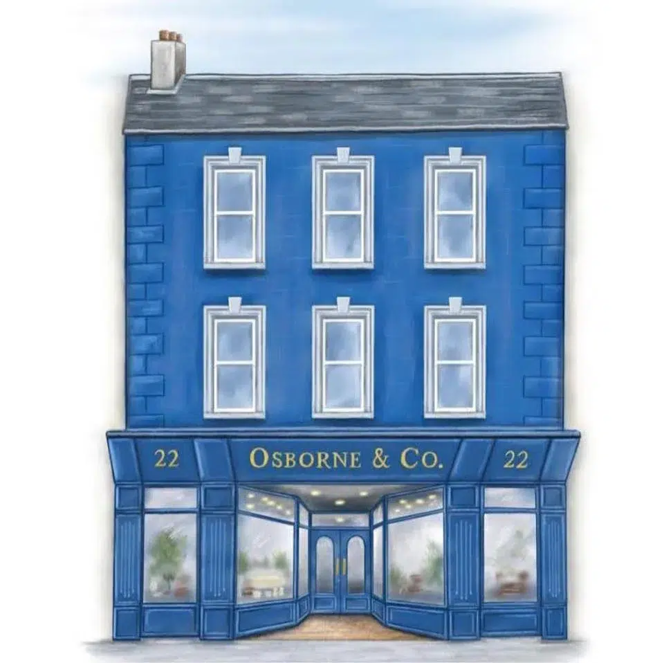 Illustration of a three-storey blue building with large ground-floor windows and the sign "Osborne & Co." above the entrance. The number 22 is displayed on both sides of the door.