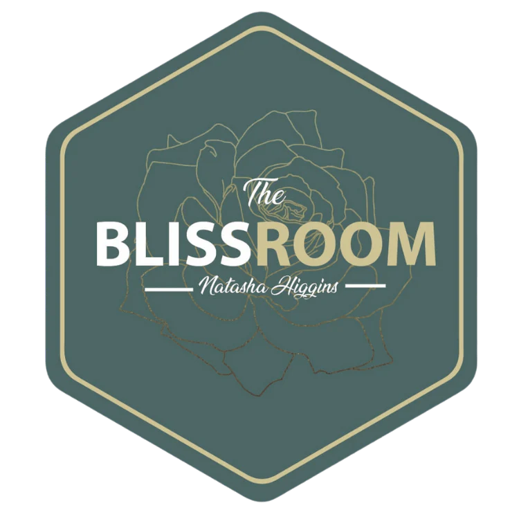 A hexagon logo with a rose outline in the background and the text "The Bliss Room Natasha Higgins" in white and gold on a green background.