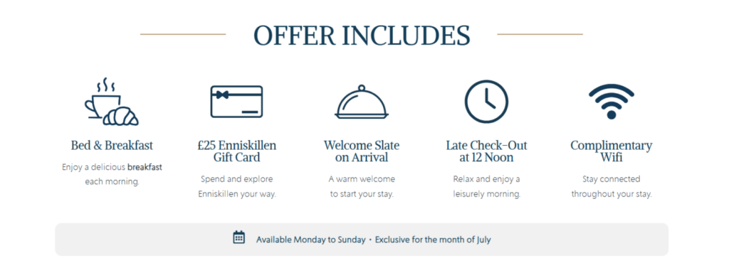 July Getaway - Westville Hotel offer details including breakfast, £25 gift card, welcome slate, late check-out at midday, and complimentary wifi, available Monday to Sunday in July.