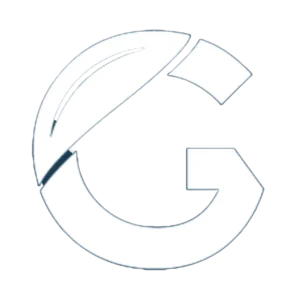 A stylised letter "G" with a curved, leaf-like accent on the upper left side, outlined in dark blue on a white background.
